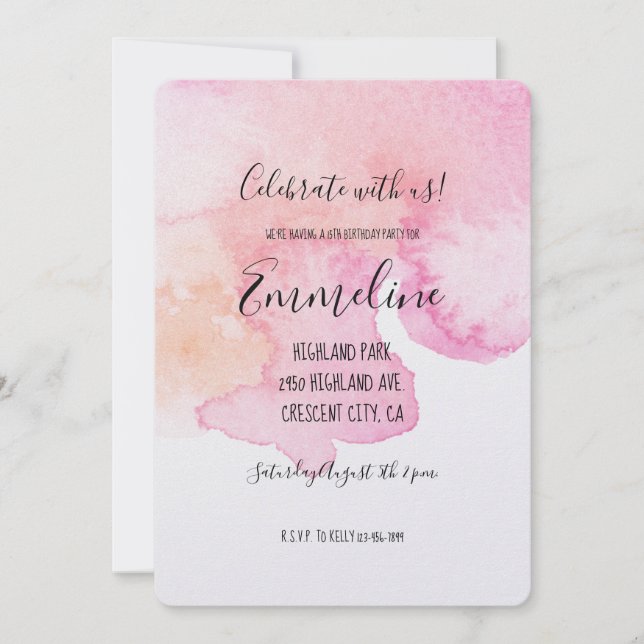 Pretty Pink Peach Watercolor Birthday Invitation (Front)