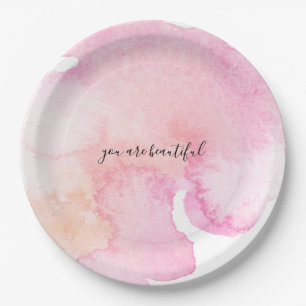 Pretty Pink Peach Watercolor Birthday Paper Plates