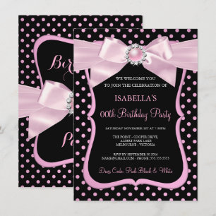 Pretty Pink Pearl Bow Black Polka Dot Birthday Invitation