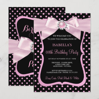 Pretty Pink Pearl Bow Black Polka Dot Birthday Invitation
