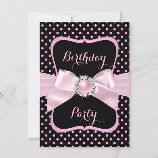 Pretty Pink Pearl Bow Black Polka Dot Birthday Invitation | Zazzle