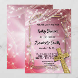 Pretty Pink Pearl Cross Baby Shower Invitation