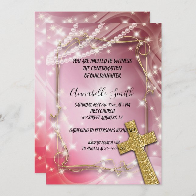 Pretty Pink Pearl Cross  CONFIRMATION Invitation (Front/Back)