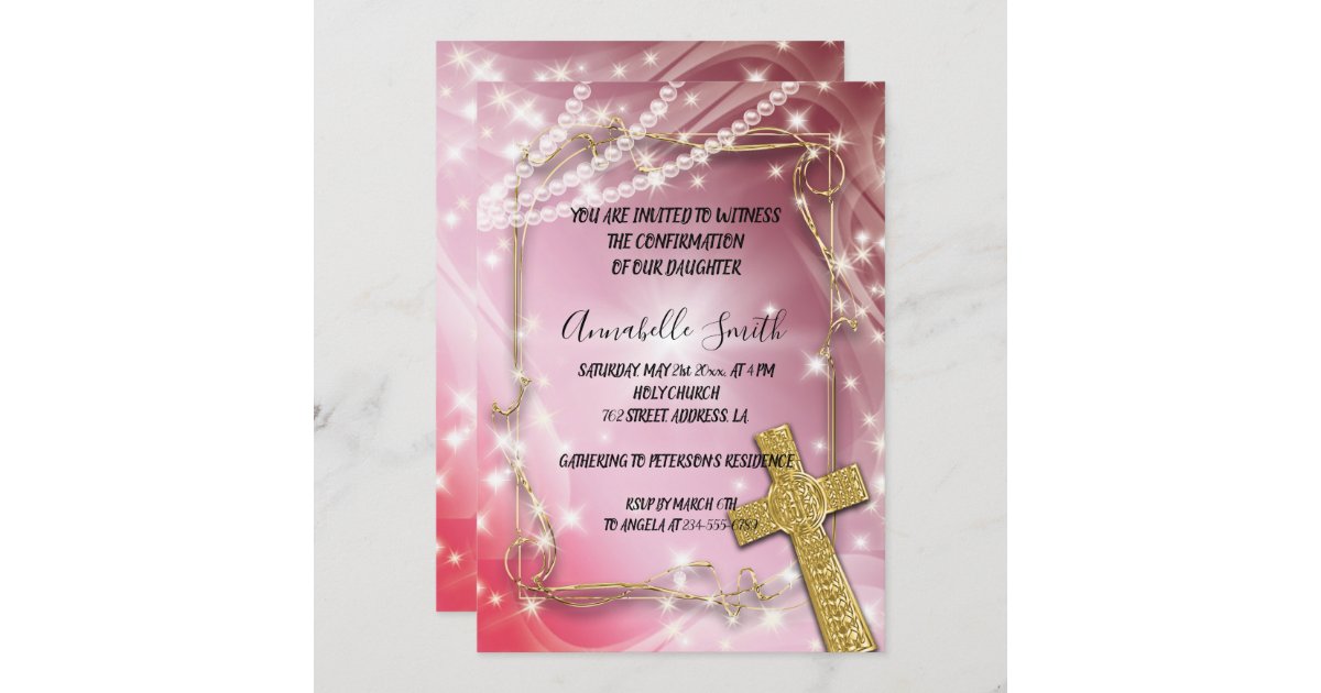 Rose gold glitter pink ombre white confirmation invitation, Zazzle