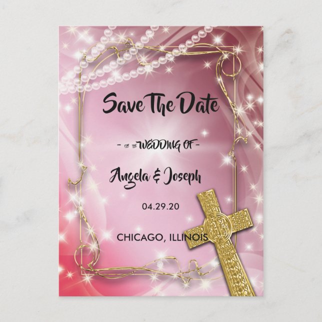 Pretty Pink Pearl Cross Save the Date Announcement Postcard (Front)