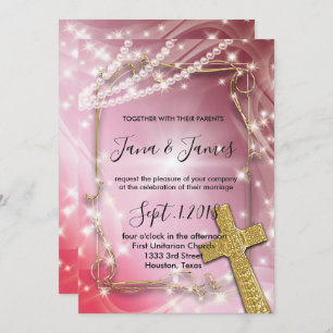Pretty Pink Pearl Cross wedding Invitation
