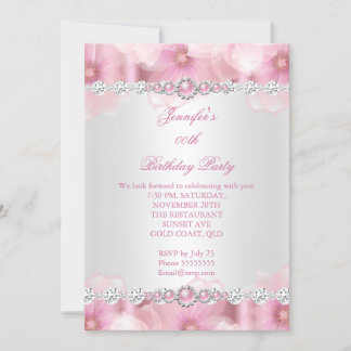Pretty Pink Pearl White Flowers Birthday Party 3 Invitation