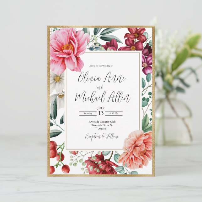 Pretty Pink Peonies Floral Gold Wedding Invitation (Standing Front)