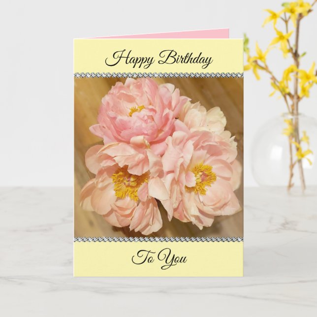 Pretty Pink Peonies Happy Birthday Card (Yellow Flower)