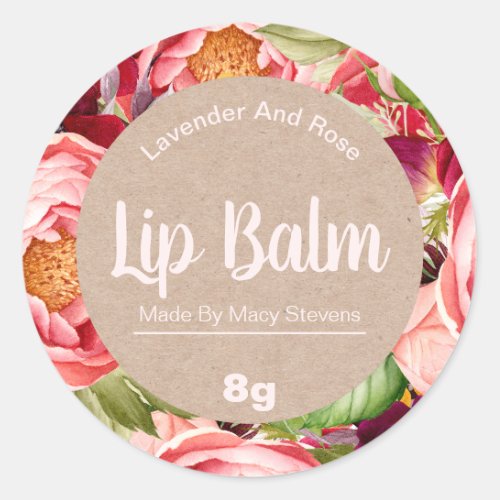 Pretty Pink Peonies On Kraft Lip Balm Pot Labels