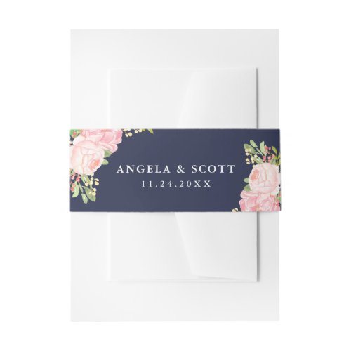 Pretty Pink Peonies on Navy Blue Belly Bands Invitation Belly Band