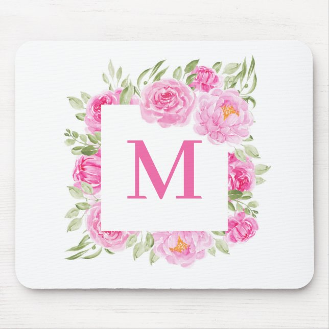 Pretty Pink Peonies Square Floral Frame Monogram Mouse Pad (Front)