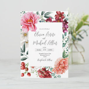 Pretty Pink Peonies Watercolor Floral Wedding Invitation