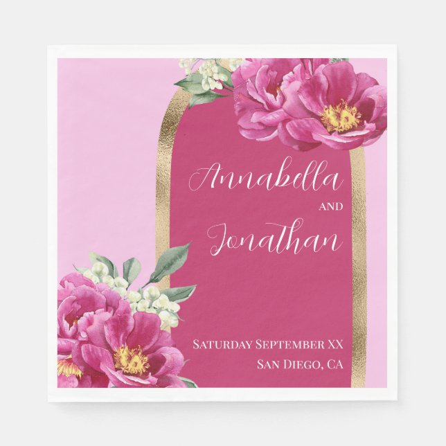 Pretty Pink Peonies with Gold on Pink Wedding Napkins (Front)