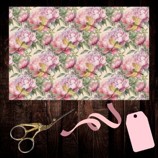 Pretty Pink Peony and Golden Dragonflies Vintage