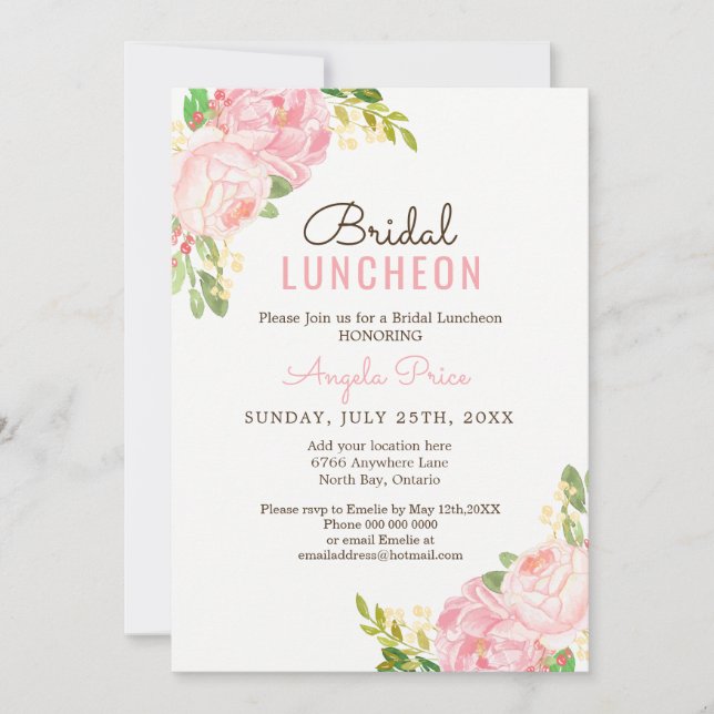Pretty Pink Peony Bridal Luncheon Invitations (Front)