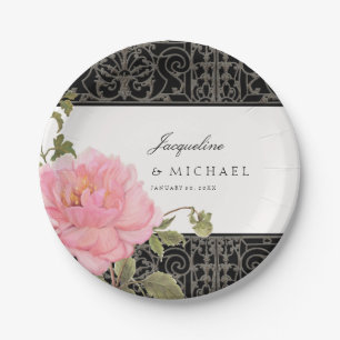 Pretty Pink Peony Classy Swirl Scroll Iron Fence Paper Plates