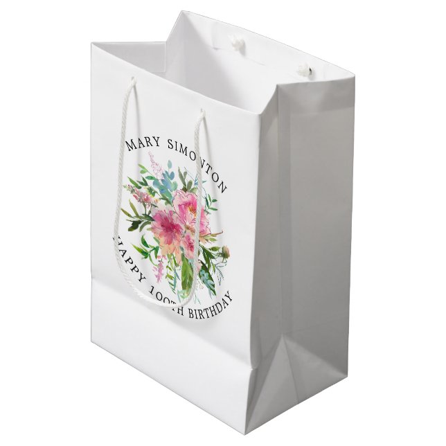 Pretty Pink Peony Floral 100th Birthday Medium Gift Bag (Front Angled)