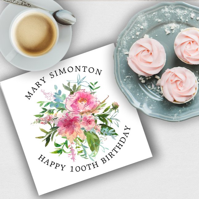 Pretty Pink Peony Floral 100th Birthday Napkins (Creator Uploaded)