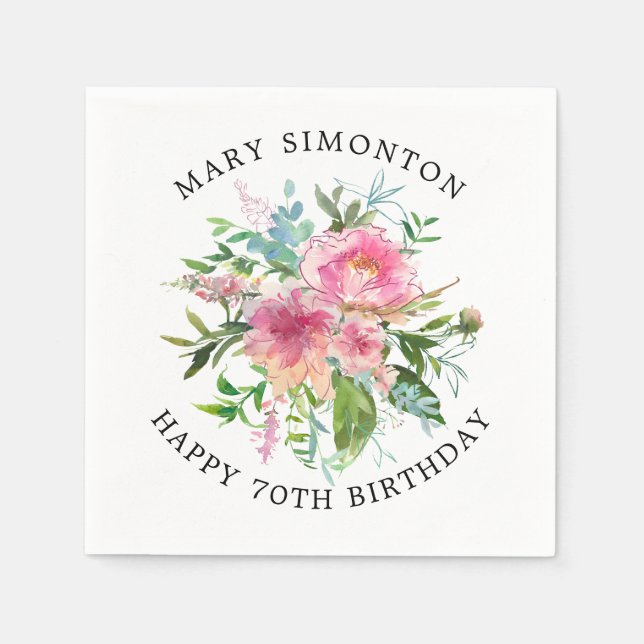Pretty Pink Peony Floral 70th Birthday Napkins (Front)