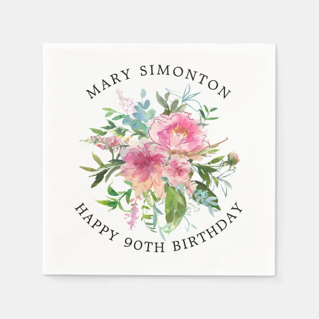 Pretty Pink Peony Floral 90th Birthday Napkins (Front)
