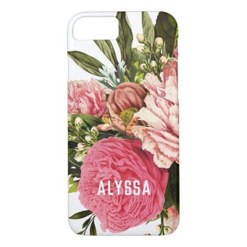 Pretty Pink Peony Floral Bouquet with Name iPhone 87 Case