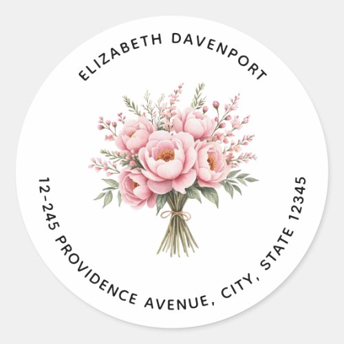 Pretty Pink Peony Flower Bouquet Address Classic Round Sticker
