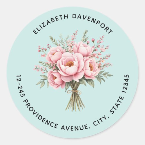 Pretty Pink Peony Flower Bouquet Address Classic Round Sticker