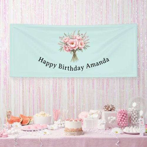 Pretty Pink Peony Flower Bouquet Birthday Banner