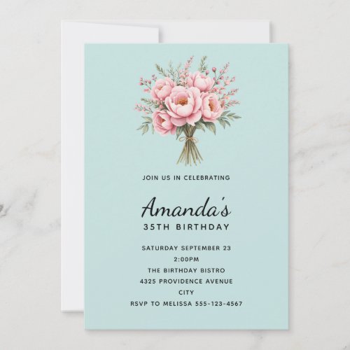 Pretty Pink Peony Flower Bouquet Birthday Invitation