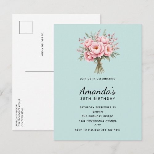 Pretty Pink Peony Flower Bouquet Birthday Invitation Postcard