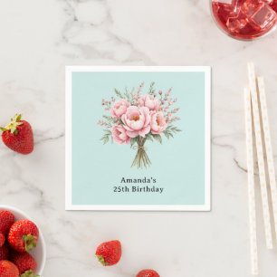 Pretty Pink Peony Flower Bouquet Birthday Napkins