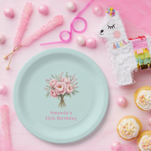 Pretty Pink Peony Flower Bouquet Birthday Paper Plates