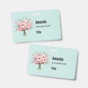 Pretty Pink Peony Flower Bouquet Business Badge