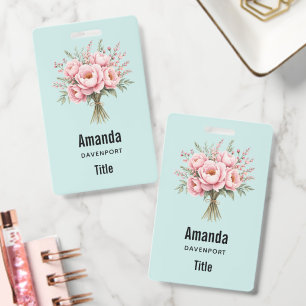 Pretty Pink Peony Flower Bouquet Business Badge