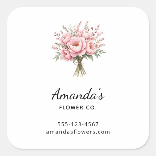 Pretty Pink Peony Flower Bouquet Business Square Sticker