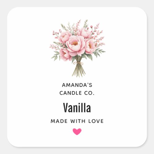 Pretty Pink Peony Flower Bouquet Candle Business Square Sticker
