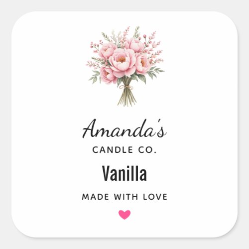 Pretty Pink Peony Flower Bouquet Candle Business Square Sticker