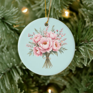 Pretty Pink Peony Flower Bouquet Ceramic Ornament