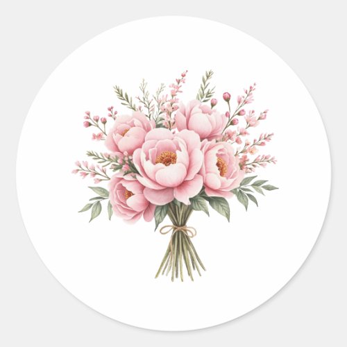 Pretty Pink Peony Flower Bouquet Classic Round Sticker