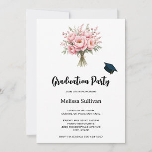Pretty Pink Peony Flower Bouquet Graduation Invitation