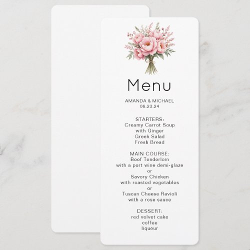 Pretty Pink Peony Flower Bouquet Menu Invitation
