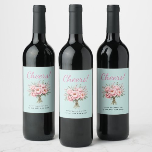 Pretty Pink Peony Flower Bouquet Mother's Day Wine Label