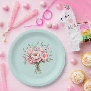  Pretty Pink Peony Flower Bouquet Paper Plates