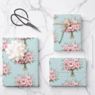 Pretty Pink Peony Flower Bouquet Pattern Wrapping Paper Sheets