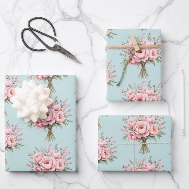 Pretty Pink Peony Flower Bouquet Pattern Wrapping Paper Sheets (Front)