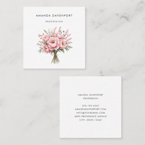 Pretty Pink Peony Flower Bouquet Square Business Card
