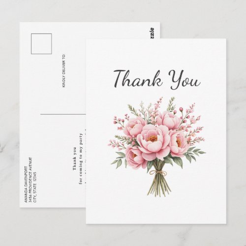 Pretty Pink Peony Flower Bouquet Thank You Postcard