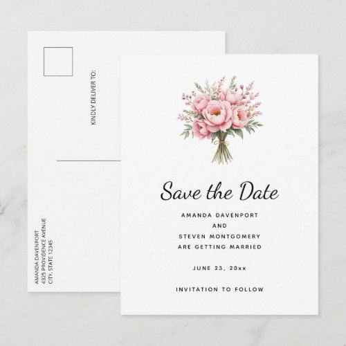 Pretty Pink Peony Flower Bouquet Wedding Announcement Postcard
