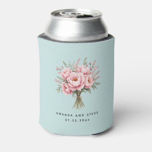 Pretty Pink Peony Flower Bouquet Wedding Can Cooler